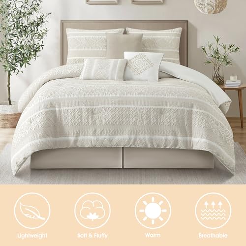 Image of LANCO MODERN LIFESTYLE 7 Piece Queen Comforter Set, Beige, Elegant Jacquard with Patchwork, Stylish and Cozy Bedding Collection, Premium Bedding Set with Bedskirt, Shams and Pillows