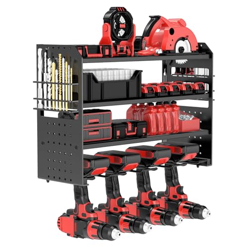 Werkzeugspeicher Wandhalterung Schlagbohrschrauber Werkzeugregal, Metall Schwere Garage Werkzeug Werkstatt Organizer mit seitlichem Schraubendreher-Gestell für Garage Werkstatt (Schwarz, 4-Kamera)