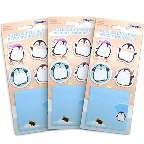WAYTEX 300 Pieces Sticky Notes Reusable Fantasy Cute Animals 3 Stands with 100 Notes, 4 Penguin Shaped Mini Pads and 1 Square Pad 8 x 8 cm Printed