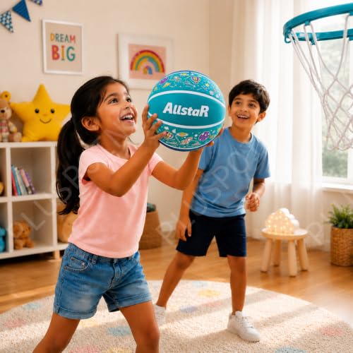 Image of PLUSPOINT Kids Basketball with Air Pump | Colorful Printed Rubber Basketball for Indoor & Outdoor Play | Training Sports Ball for Kids | Easy Grip Recreational Basketball