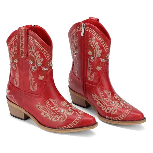 Image of Rhinestone Ankle Cowboy Boots for Women Embroidered Short Cowgirl Boots with Low Heel Side Zipper Comfortable Chunky Heel Western Booties for Prom Party Wedding Pull On Shoes