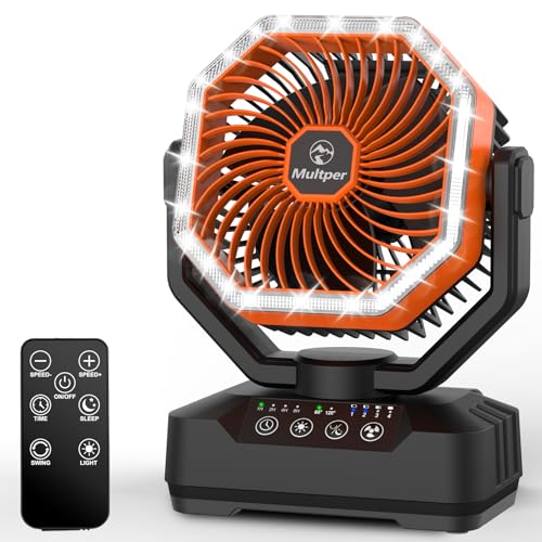 Multper Camping Fan with LED Light Upgraded 20000mAh Quiet Desk Fan with Power Bank Rechargeable Battery Operated Fan for Camping Tent Bedroom Dog Crate 4 Speeds Timer Hanging Hook Portable