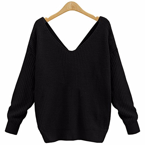 Sexyshine Women's Casual V Neck Criss Cross Backless Long Batwing Sleeve Loose Knitted Sweater Pullovers3