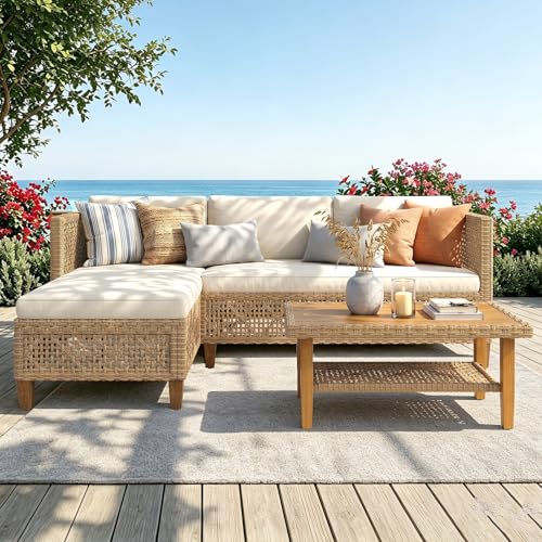 PHI VILLA Sectional Outdoor Couch, Small Patio Furniture Set with Cushions and Acacia Wood Coffee Table, L-Shaped Wicker Outdoor Sofa for Deck or Porch, 4 Seats, Beige