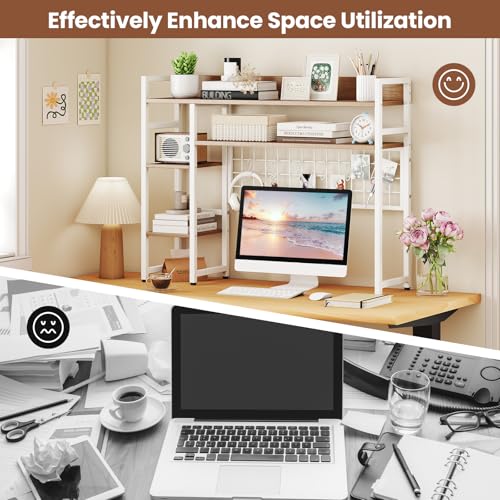 Image of Tangkula Desktop Bookshelf for Computer Monitor Up to 32 inch, Countertop Storage Hutch with 4 Open Storage Shelves, Grid Panel, Anti-tip Device, 4-Tier Desktop Display Shelves for Home Office (Natural)