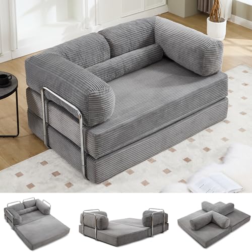 DUNELLA 5-in-1 Convertible Sofa Bed, 79" Corduroy Folding Sleeper Couch Bed with Steel Frames, Boneless Foldable Floor Sofa Bed for Living Room Guest Room, No Assembly (Grey)