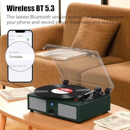 Image of Vinyl Record Player with Built-in Speakers and USB,Belt-Driven Bluetooth Turntable with 3 Speed AUX Input Headphone Jack and RCA Output Vintage Wooden DarkGreen