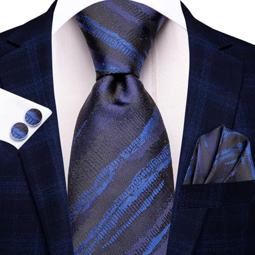 Image of Hi-Tie Men Ties Sets Silk Stripe Paisley Necktie Pocket Square Cufflinks for Business Wedding
