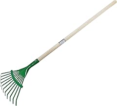 Children's Garden Rake Metal with Wooden Handle, Children's Garden Toy Leaf Rake Fan Rake (Green)