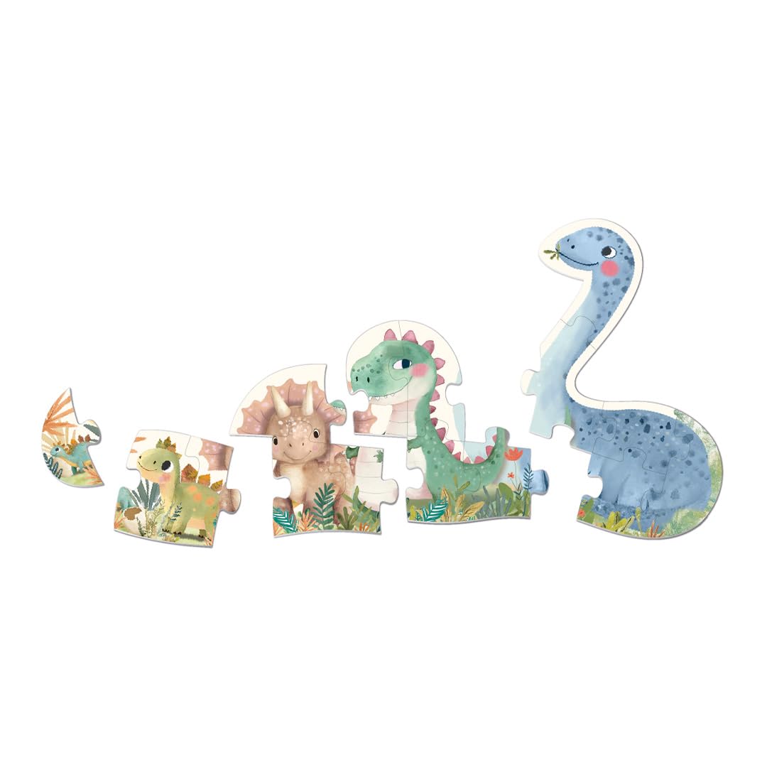 APLI Kids 20124 -My First Dinos, 5 progresywnych puzzli z dużymi kawałkami do wykonania 15-częściowej kompletnej układanki, odpowiednie dla dzieci od 2 lat