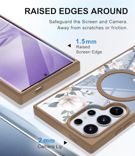 Image of VONZEE Compatible with Samsung Galaxy S25 Ultra 5G Case Luxury Retro Flowers Floral Clear For Magnetic Wireless Charging Case Shockproof PC+TPU Cute Glossy Shiny Cover for Girls Women, Desert Titanium