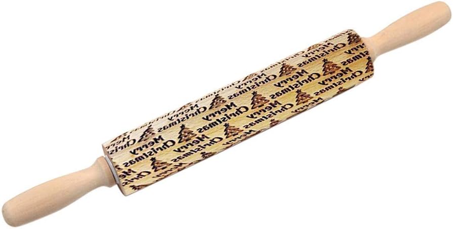 Iusun Christmas Wooden Rolling Pin Engraved Embossing with Tree Cartoon Pattern for Baking Embossed Cookies Noodle Biscuit Fondant Cake Kitchen Tool
