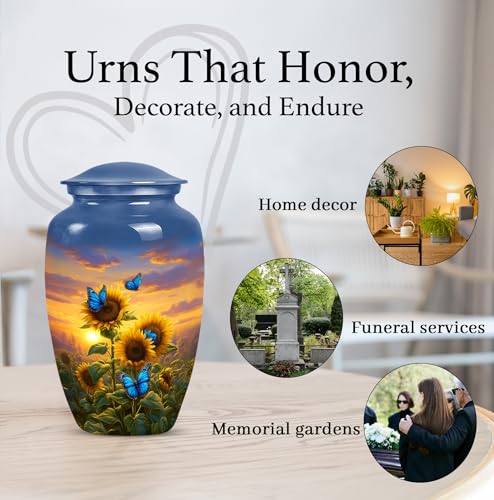 Image of Sunflower with Butterfly Urn for Human Ashes Adult Male and Female - Funeral Urns for Human Ashes Adult - Sunset Yellow Sunflower Urn for Mom and Dad - Cremation Urns for Men 10inch