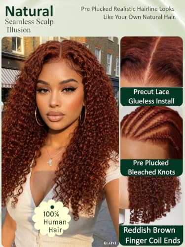 Image of KLAIYI Reddish Brown Burmese Curly Precut 7x5Lace Front Wigs Human Hair 22 inch | Bye Bye Slip Glueless Drawstring Wig Finger Coil Ends Pre Plucked Bleached Knots Pre Everything 30S Ready to Wear and Go Wig