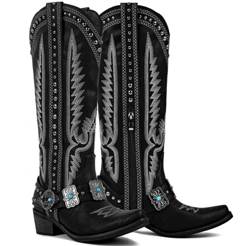 Yolkomo Cowboy Boots for Women Knee High Western Cowgirl Boots with Embroidery Belt Buckle Chains