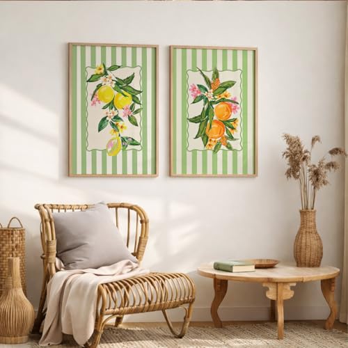 Image of Suneree Botanical Fruit Wall Art Set of 2 Framed Paintings | Lemon Orange Illustration Green Striped Poster | Kitchen Dining Room Home Decor (Art 1, 10x13 Inches)