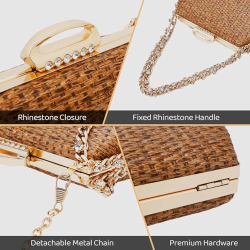 Image of Comeon Straw Clutch Bags for Women Evening Handbag with Rhinestone Handle Hand-Woven Summer Beach Bag Party Formal Purse
