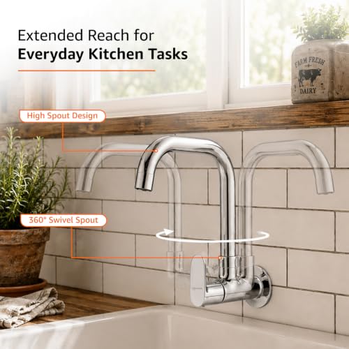 Image of Amazon Basics Rectangular Kitchen Faucet | Cold-Only Single Lever Sink Tap with 360 Degree Swivel Spout | Aerated Water Flow | 15mm / 1 /2 BSP | Kitchen Use [Chrome]