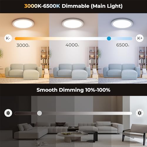 BLNAN Dimmable LED Ceiling Light with Remote Control, 2000K Nightlight, 24W Bathroom Lights Ceiling, 3000K-6500K Ceiling Lights for Bedroom, Kitchen, Living Room, Kid's Room, Round White 33CM - Image 5