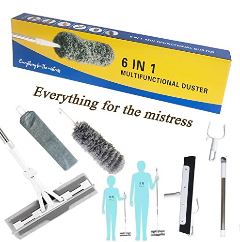 Image of Cleaning Kit with Extension Handle - Window Squeegee, Hook, Microfiber Cloth for High Ceilings, Spider Brush for Removing Dust from Ceiling Fans, Beautiful Gift Box