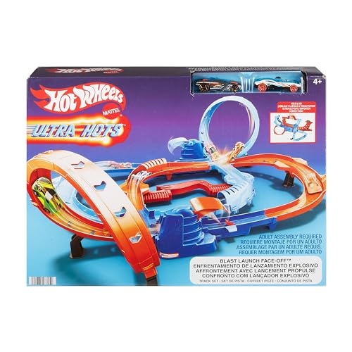 Hot Wheels Coffret Ultra Hots Explosion Propulsion Duel avec 2 véhicules à l’échelle 1/64, course et cascades au coude à coude, 2 lanceurs actionnés par...