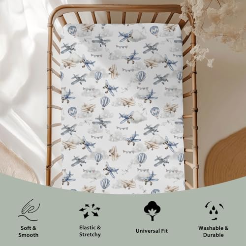 Image of Vintage Planes Airplanes Helicopters Baby Crib Sheets Boy Girl 28 inchx52 inch Hot Air Balloon Plane Clouds Sky Soft Stretchy Fitted Crib Mattress Cover Baby Sheet for Standard Crib & Toddler Mattress Pad
