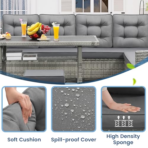 Image of KROFEM 6 Piece Patio Furniture Set, Dining and Conversation Set | UV Treated Wicker, Machine Washable Cushions, Seats 7, 2 Ottomans, 3 Sofa Section, Dining Table, Rustproof Frame, Grey