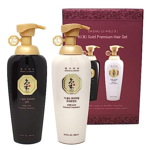 Daeng Gi Meo Ri Ki Gold Premium Shampoo + Treatment Set (500ml) for Hair Loss, Thin Hair, Gray Hair Prevention and Treatment, Medicinal Herbal Shampoo, All Natural, Korea's No. 1 Hair Brand