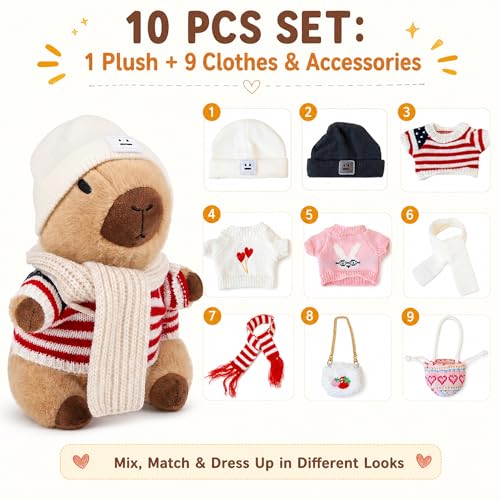 Image of Capybara Plush for Boys Girls Birthday Dress Up Cute Plushies,10 Pcs Set,9 Clothes and Accessories Kawaii Stuffed Animal Plushie Toy, Soft Peluche Doll for Kids 10.2 in