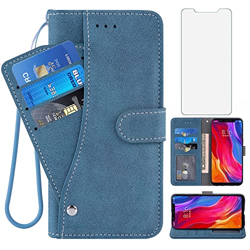 Asuwish Compatible With Xiaomi Mi 8/Mi8 Pro Wallet Case And Tempered Glass Screen Protector Flip Credit Card Holder Stand Kickstand Cell Accessories Phone Cover For Mi8Pro M8 Explorer Women Men Blue #TOP18