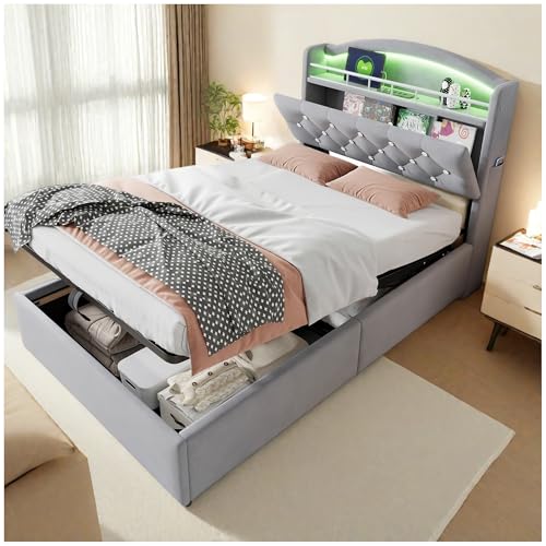 Wyibwy Cama acolchada para niños, 90 x 200 cm, 3 USB + C, iluminación LED, contenedor hidráulico, contenedor y bolsillos laterales, multifuncional, cama individual, terciopelo, sin colchón, gris