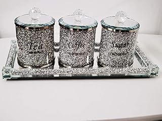 Biznest Set Of Diamond Crushed Tea Coffee Sugar Jars & Mirrored Crystal Candle Plate 39X18Cm Elegant Addition To Your Home- Best Gift
