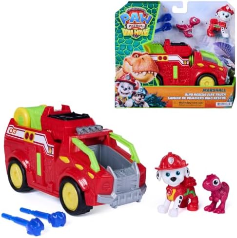 PAW PATROL Der Dino Film Marshalls Dino-Feuerwehrauto, ab 3 Jahren | 20 cm Feuerwehrfahrzeug, Mit Marshall & Rhubarb, Rettungsleiter inklusive, 360°-Projektilstarter, 2 Projektile