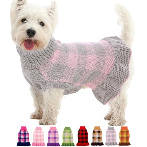 Image of Dog Sweater Dress Plaid Knitwear for Small Medium Dogs Warm Puppy Pet Turtleneck Stretch Pullover Cute Fall Winter Vest Clothes with Leash Hole for Christmas (Grey, M)