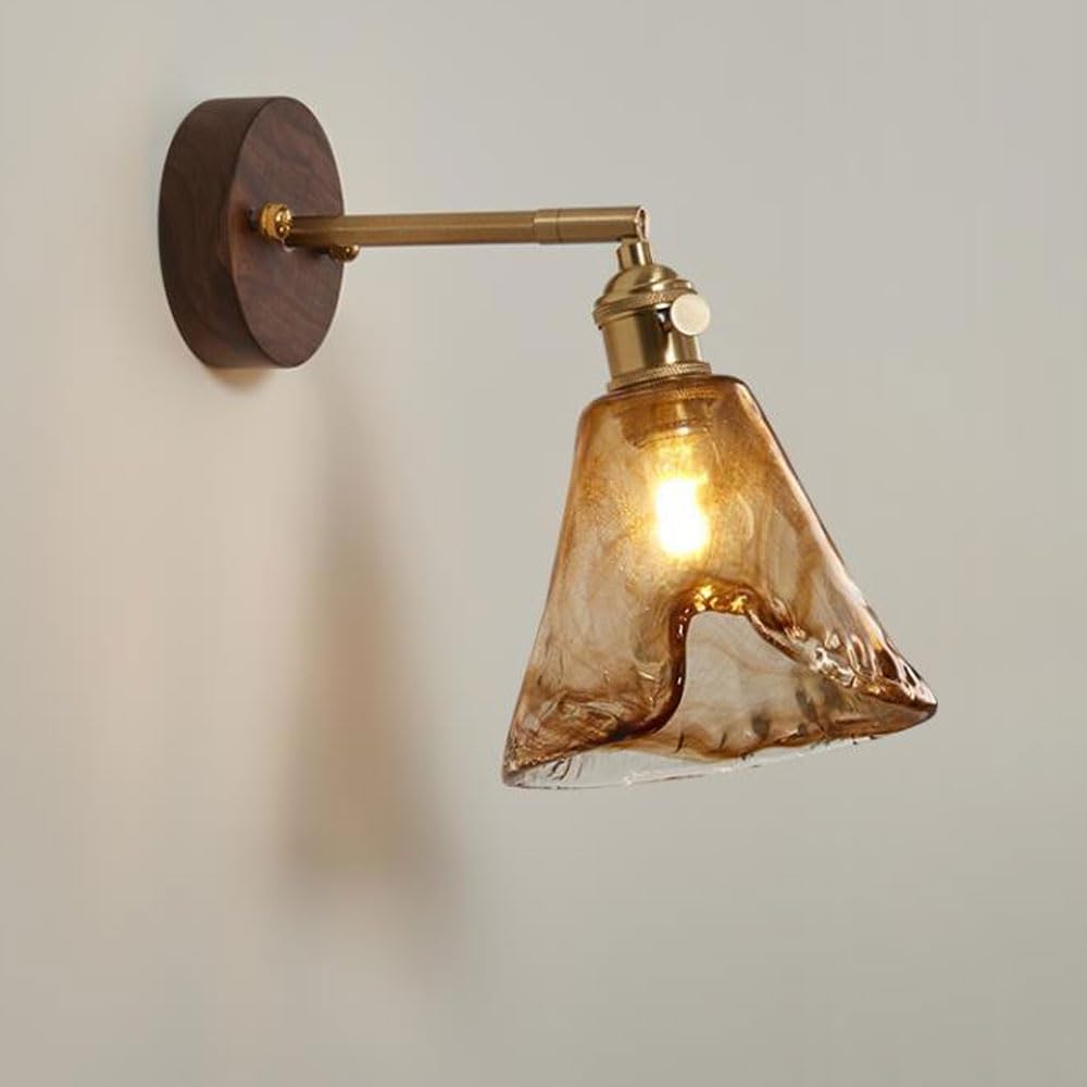 HUAYUSEDF Vintage Wall Sconce Bathroom Vanity Modern Industrial Lamp Blown Amber Glass Shade Mid Century Wood Mounted Rustic Farmhouse for Bedroom Living Room Hallway