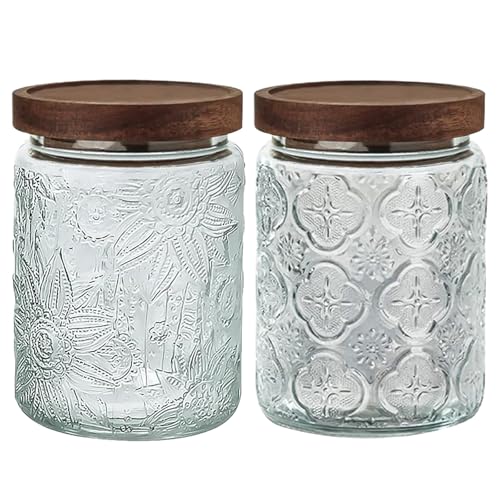 24 OZ Airtight Glass Storage Jar with Bamboo Lid - Vintage Glass Jar Vintage Food Containers Canisters Set for Kitchen Counter & Pantry - Ideal for Sugar, Flour, Coffee, Tea, Candy, Oats -2 Pack