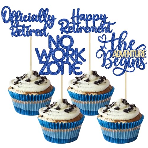 24Pcs Happy Retirement Cupcake Toppers Officially Retired Cake Toppers No Work Zone Adventure Begins Cupcake Picks Retirement Theme Farewell Birthday Party Decorations Supplies Dark Blue