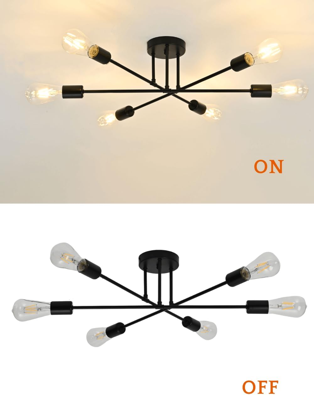 Ceiling Light Fixture, Modern Sputnik Chandelier, Mid Century Industrial Lighting for Bedroom Kitchen Dining Living Room (Black)