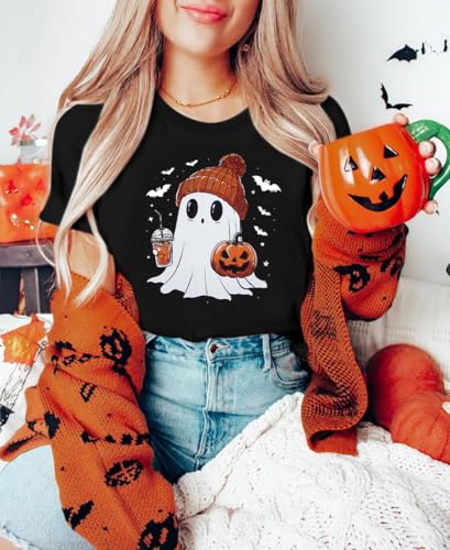Halloween Shirts for Women Cute Ghost Shirt Fall Pumpkin Tshirt Coffee Lover Graphic Tees Casual Short Sleeve Tops — view 4