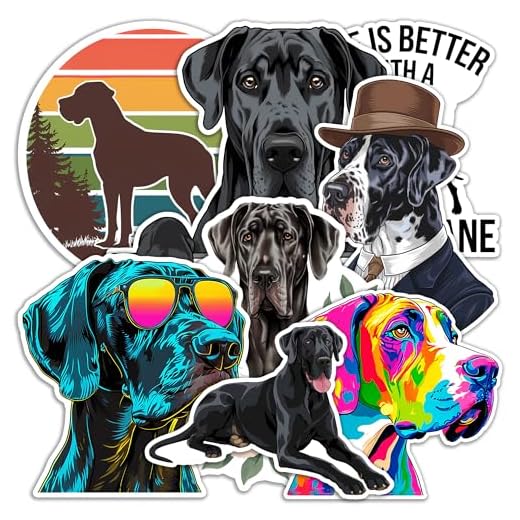 Great Dane Dog Sticker 8 Pcs (Large Size) Vinyl Stickers Laptop Waterproof Decal for Car Bumper Water Bottle Window Funny Party Birthday Decorations - Size 4 Inches