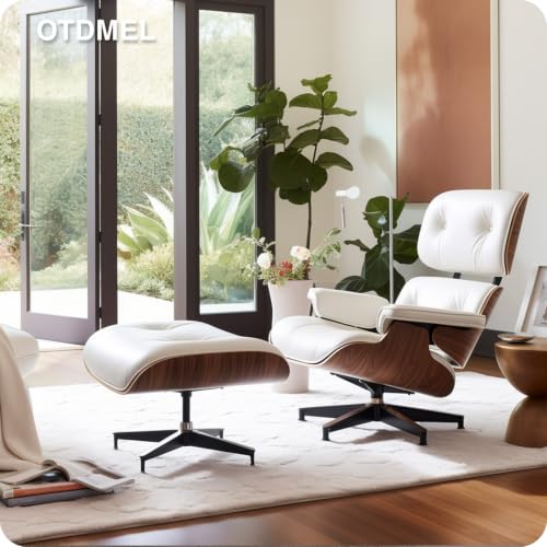 Image of Top White Grain Leather, Mid Century Chaise Lounge Chair and Ottoman, Modern Chair Classic Design, Walnut Wood, Heavy Duty Base Support for Living Room Office