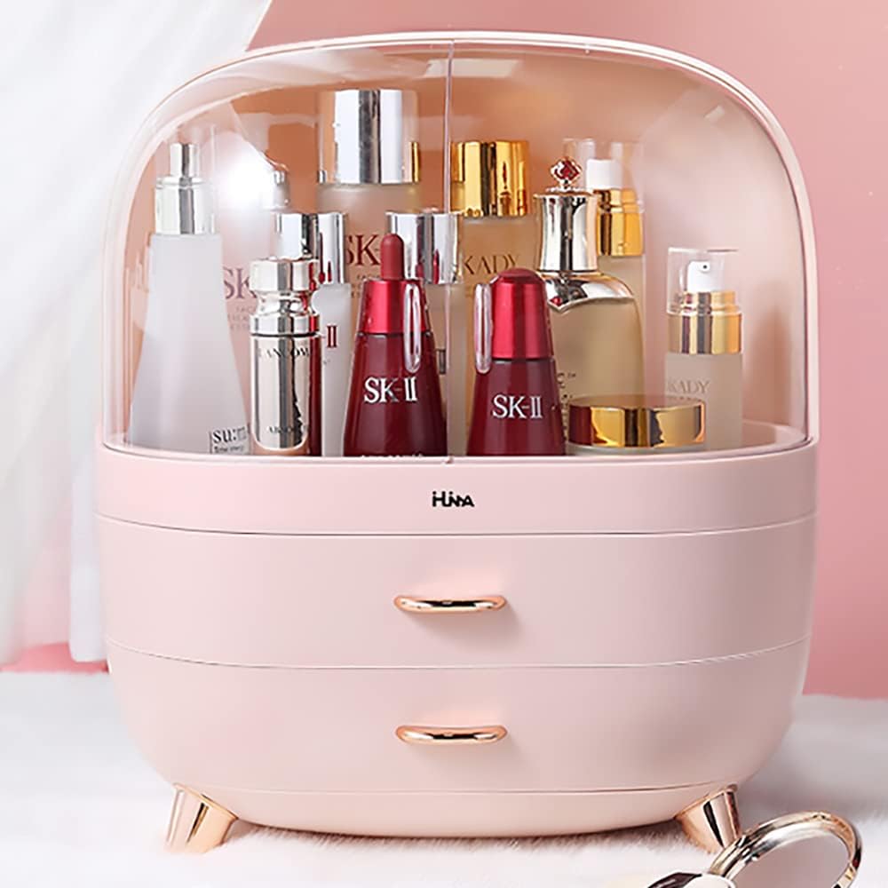 Modern Makeup Storage Organizer Box Cosmetics storage display rack with drawer，Waterproof, dustproof, elegant display cabinet，Suitable for bathroom countertop, bedroom dresser (Large Pink)