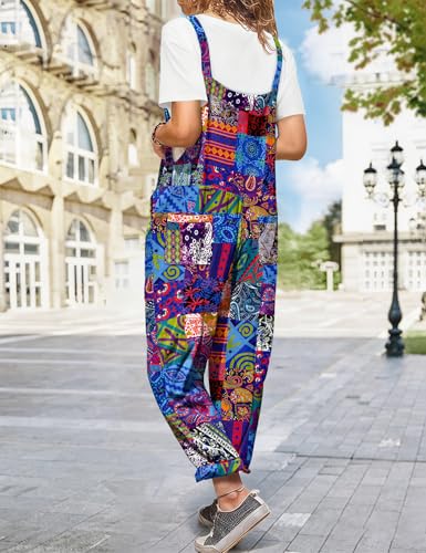 Image of YESNO Women's Overalls Cotton Boho Casual Floral Bib Jumpsuit Baggy Adjustable Strap Romper with Pockets PVV