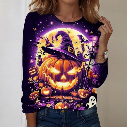 Halloween Shirts for Women Long Sleeve Plus Size Fashion Crewneck Comfortable Tshirts Halloween Costumes for Women