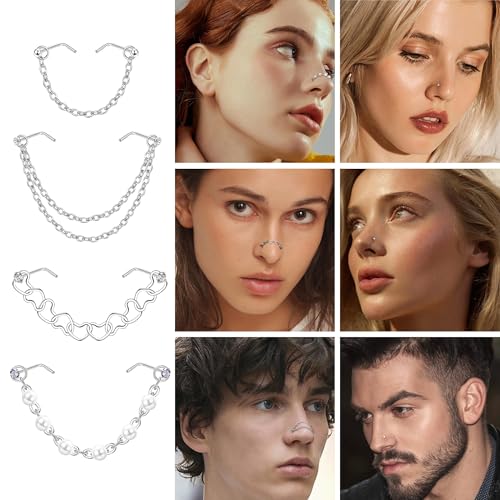 20G Nose Rings Studs with Chains African Nose Ring Cuff Horseshoe Septum Rings Stainless Steel Star Heart Nose Ring Chain Piercing Jewelry Set for Women Men2