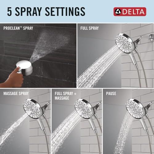 Image of Delta 5-Setting In2ition 2-in-1 Dual Shower Head with Handheld High Pressure ProClean Spray, Chrome Detachable Shower Head with Hose, 1.75 GPM Flow Rate, Chrome 75548