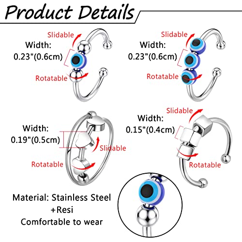 JewelryWe Anxiety Rings for Women 4 PCS Open Rings Adjustable Fidget Ring Stress Relief Rings with Evil Eye Rings Set - Image 2