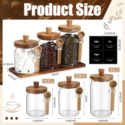 Image of Suclain 3 Pcs Glass Coffee Container Set, 13.5,20,25 oz, Acacia Brown | Coffee Tea Sugar Canister Set, Airtight Jar Food Storage with Wood Spoon Tray Labels, Kitchen Counter Bar Organization