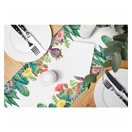 HOSNYE Table Runner Green Cactus Aloe Vera Succulent Watercolor,Cotton Linen Table Runner Decoration for Kitchen Family Dinner Table Holiday Party Farmhouse Style 13 x 72 Inch