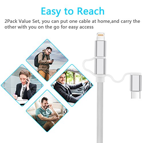 Miger® 3.3 Feet(1 Meter) 2Pack 3 In 1 Charge And Sync Cable With Micro Usb &Type C Connectors Cable Compatible With Iphone, Ipad, Ipod Touch /5 Nano 7 On Ios9, Samsung /Htc & More(White) #TOP6